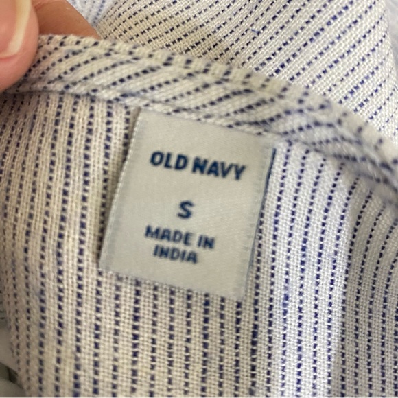 Old Navy White w/ Navy Blue Pin Stripe Scalloped Ruffle Sleeve Linen Blend Dress - Picture 7 of 7